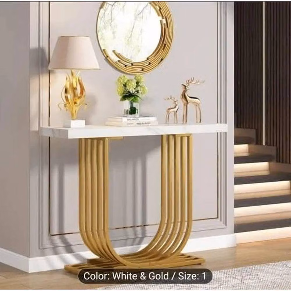 KORVIXA Modern Square Foyer Table with Gold Sled Base, White and Multicolour, W/D/H: 100 x 100 x 5 cm – 3