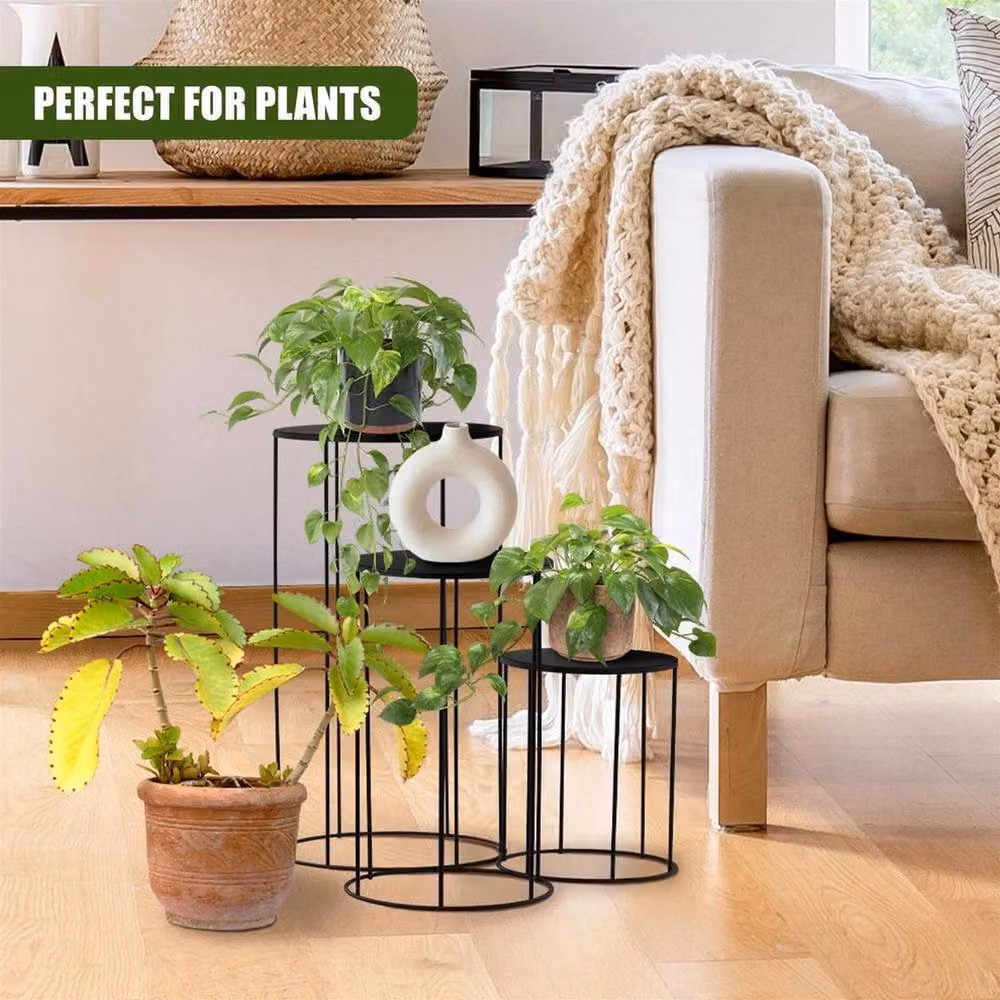 KORVIXA Round Black Matt Metal Indoor Plant Stand – 3