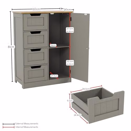 Bath Vida Freestanding Wooden Storage Cabinet with 4 Drawers and 1 Door in Grey and Oak, W/D/H: 60 x 30 x 81 cm – 2