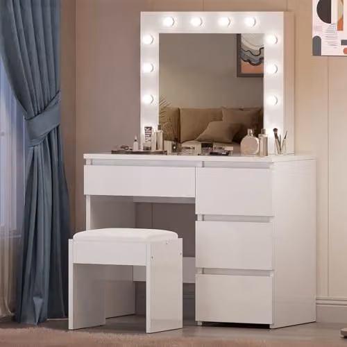 Kosy Koala White Hollywood LED Mirror Dressing Table and Makeup Vanity Desk, W: 94 cm, D: 42 cm, H: 140 cm