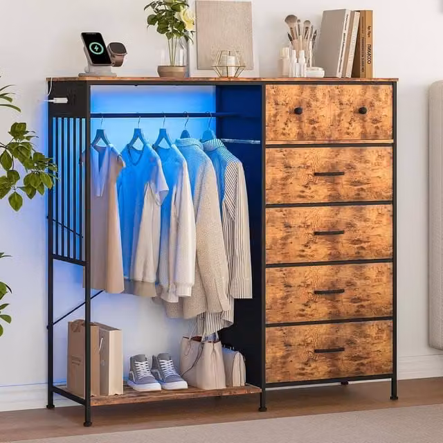 London Boutique 6-Drawer Dresser with Hanging Rod and Charging Station in Brown