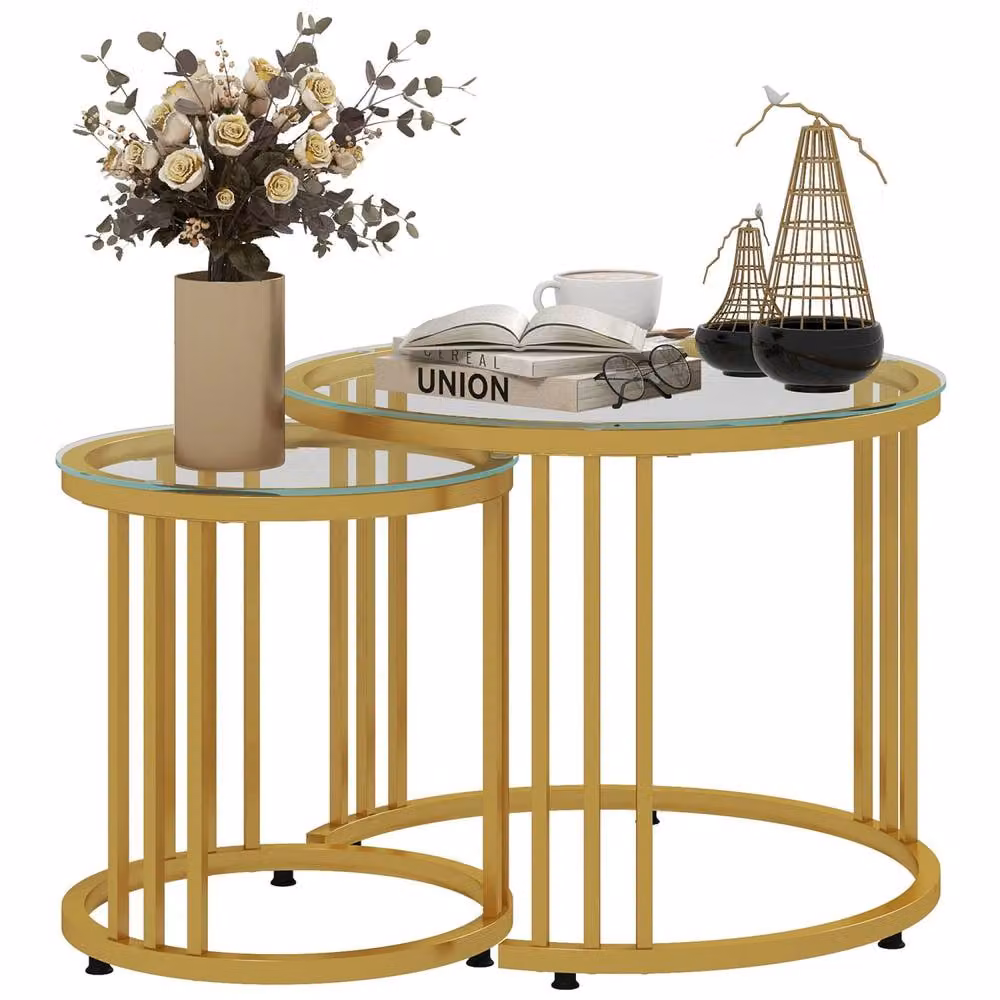 Wyld Haus Livi Set of 2 Round Nesting Coffee Tables in Gold Metal and Transparent Glass – 2