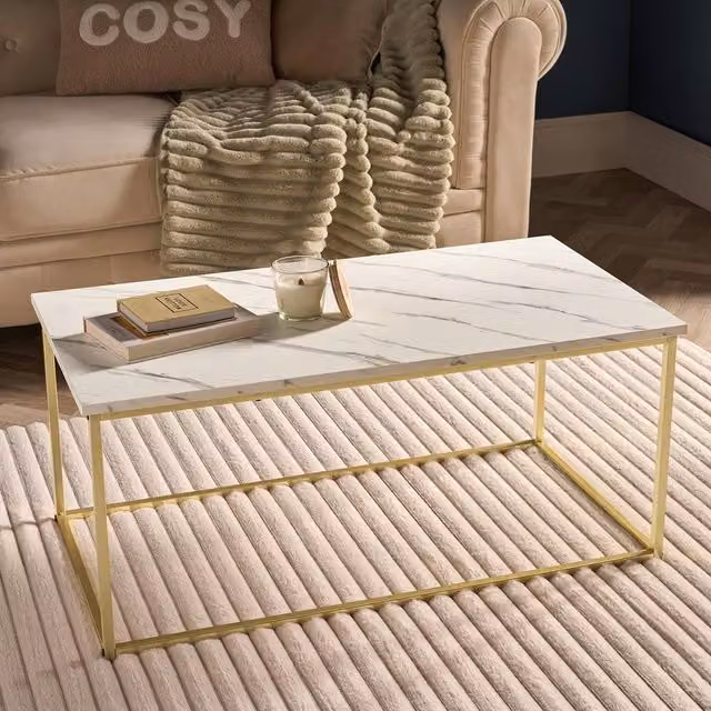 OHS Manhattan Marble Coffee Table with Metal Frame in White and Multicolour