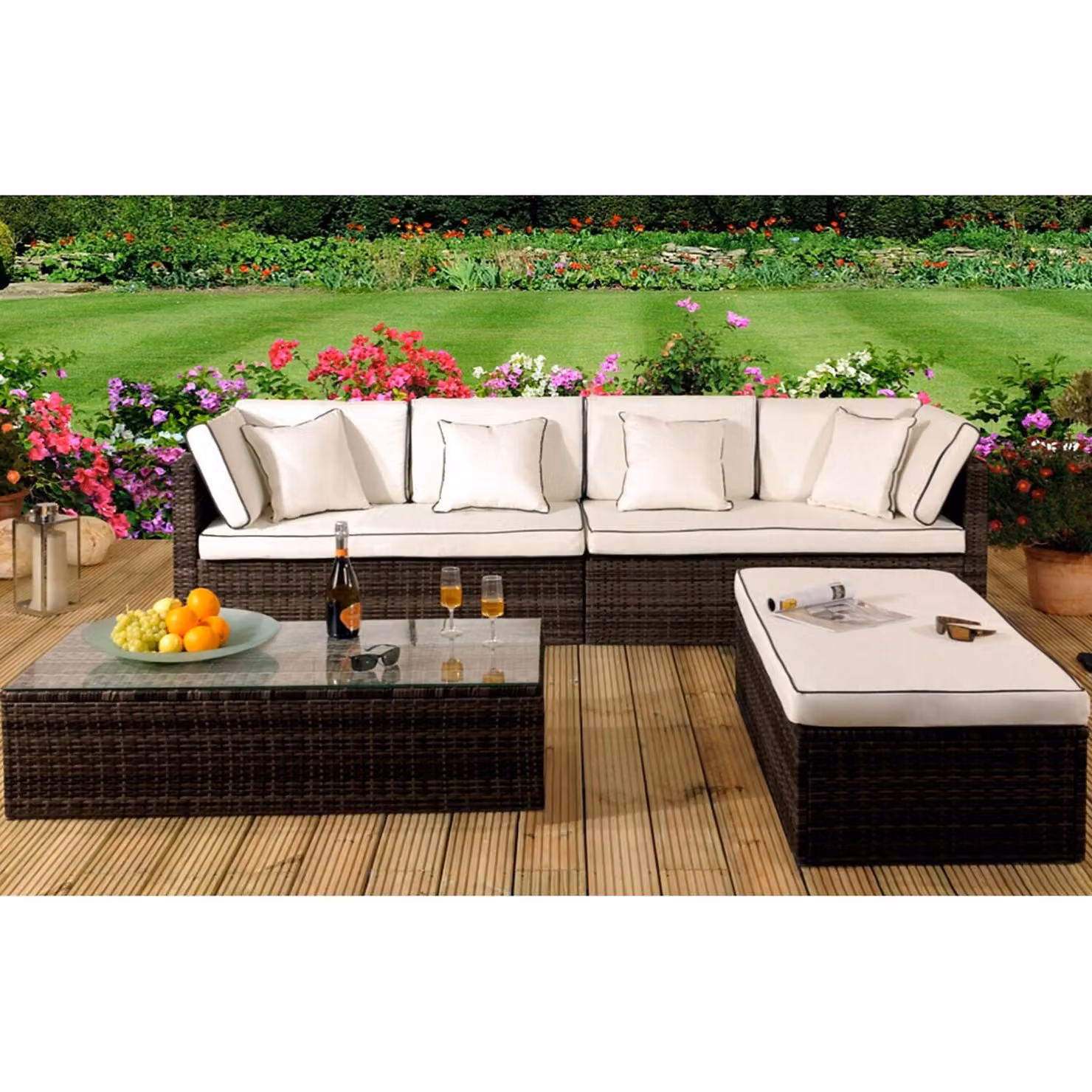 Comfy Living 4 Piece Brown and Beige Rattan Garden Patio Furniture Set with Metal and Glass Details – 2