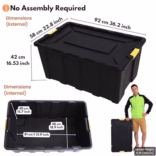 NOVECRAFTO Heavy Duty Plastic Storage Box with Lid and Handles, Black and Yellow, W/D/H: 58.0 x 42.0 x 58.0 cm – 3