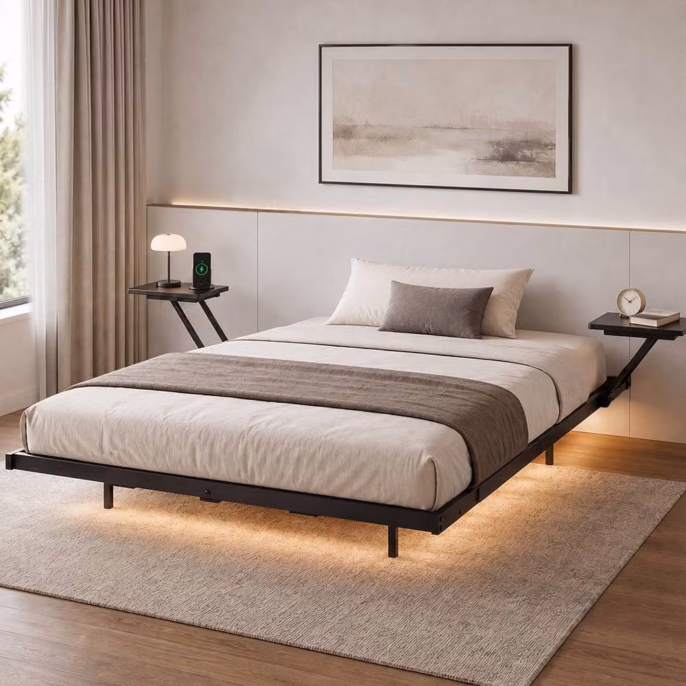 Levede Modern Metal Double Bed Frame in Black with Side Compartment Shelving and RGB Under-Bed Lighting, 140 x 200 cm – 2