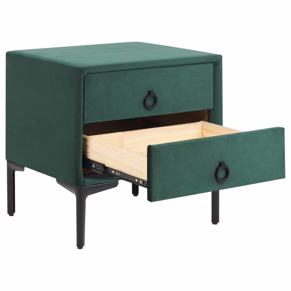 Wyld and Coco Dark Green Velvet 2-Drawer Nightstand with Black Legs – 4