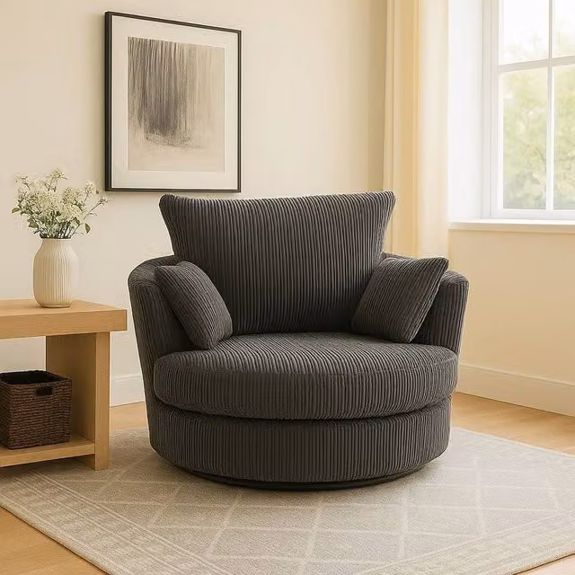 LUXURY LIFE Amalfi Dylan Grey Striped Jumbo Cord Fabric Swivel Tub Chair with Armrests W/D/H: 75 x 100 x 105 cm