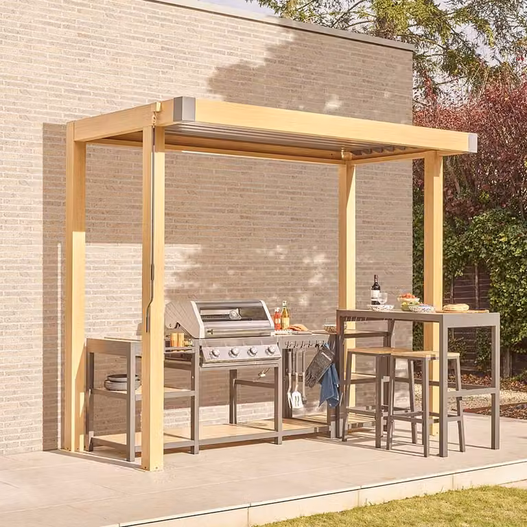 Leisure Grow Savannah BBQ Pergola, Brown Lean-to Garden Structure, W: 400 cm, D: 150 cm, H: 150 cm