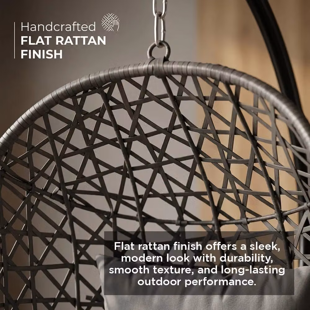 Alivio Grey Rattan Hanging Egg Chair with Cushions and Powder Coated Steel Stand – 8