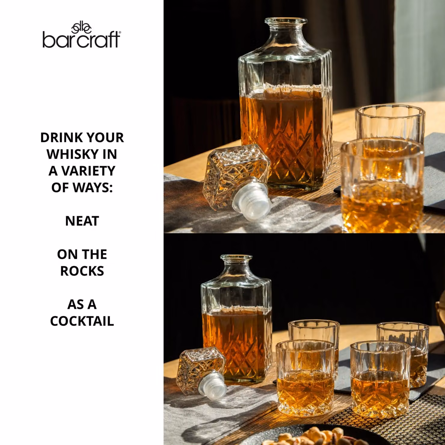 BarCraft Geometric Cut Glass Decanter Set with Stopper in Transparent – 6