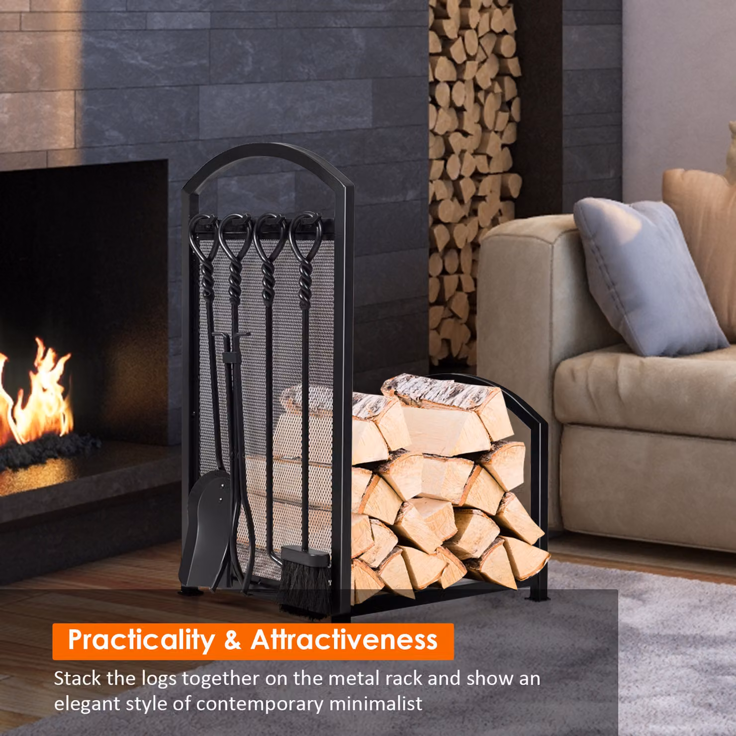 Costway Freestanding Metal Fireplace Log Storage Holder Set in Black – 2