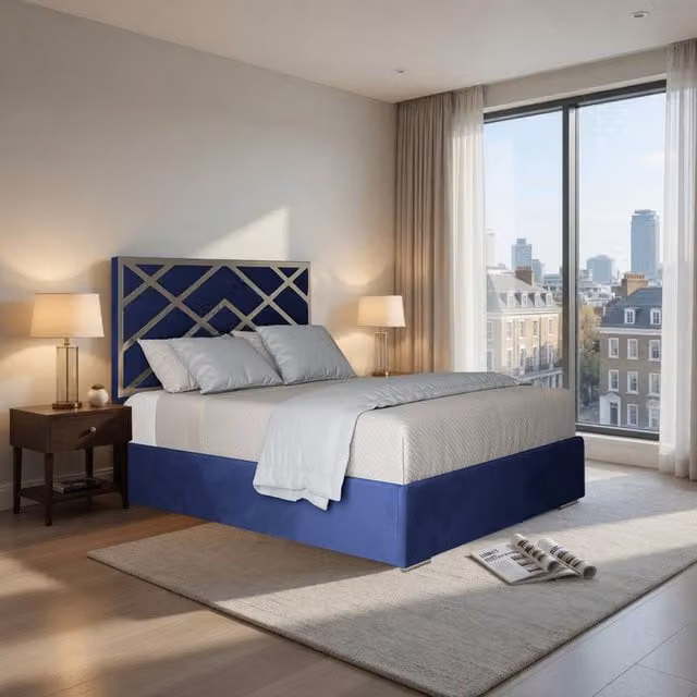 KDMD Wolferton Blue Velvet Upholstered Metal Designer Bed Frame, W/D/H: 140 x 200 x 127 cm