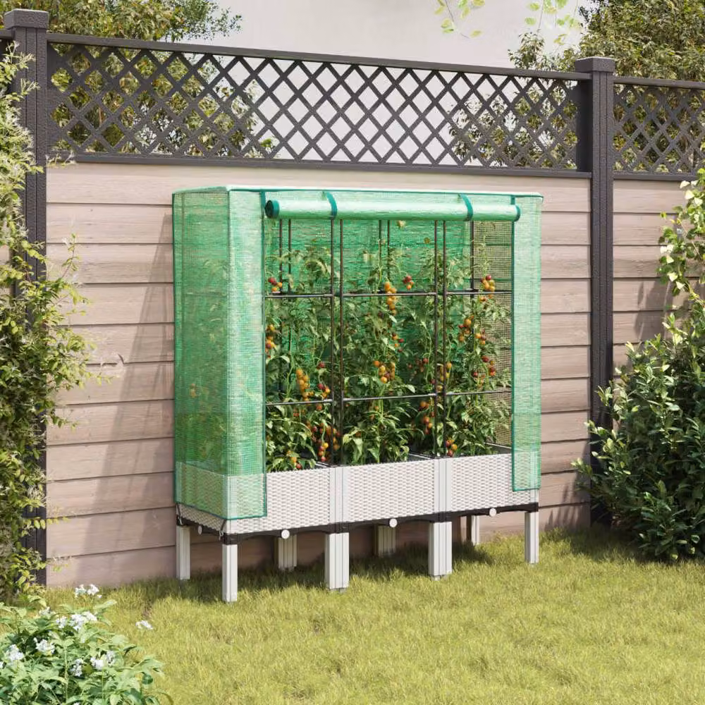Berkfield Home Raised Bed with Greenhouse Cover in White Rattan Look, W/D/H: 120 x 40 x 140 cm – 2