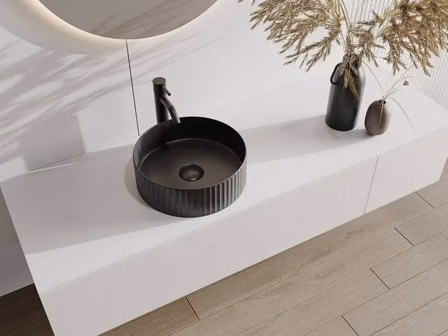 Vente-unique Pedara Round Striped Ceramic Countertop Basin in Matte Black, Diameter: 36 cm