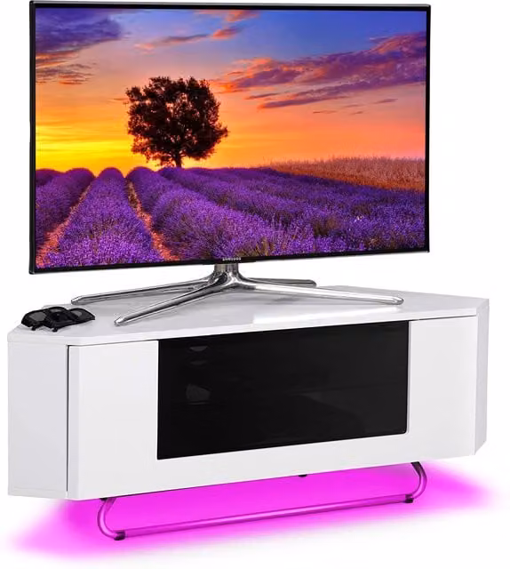 Centurion Supports Hampshire White and Black Corner TV Cabinet with Integrated LED Lighting and Glass Details