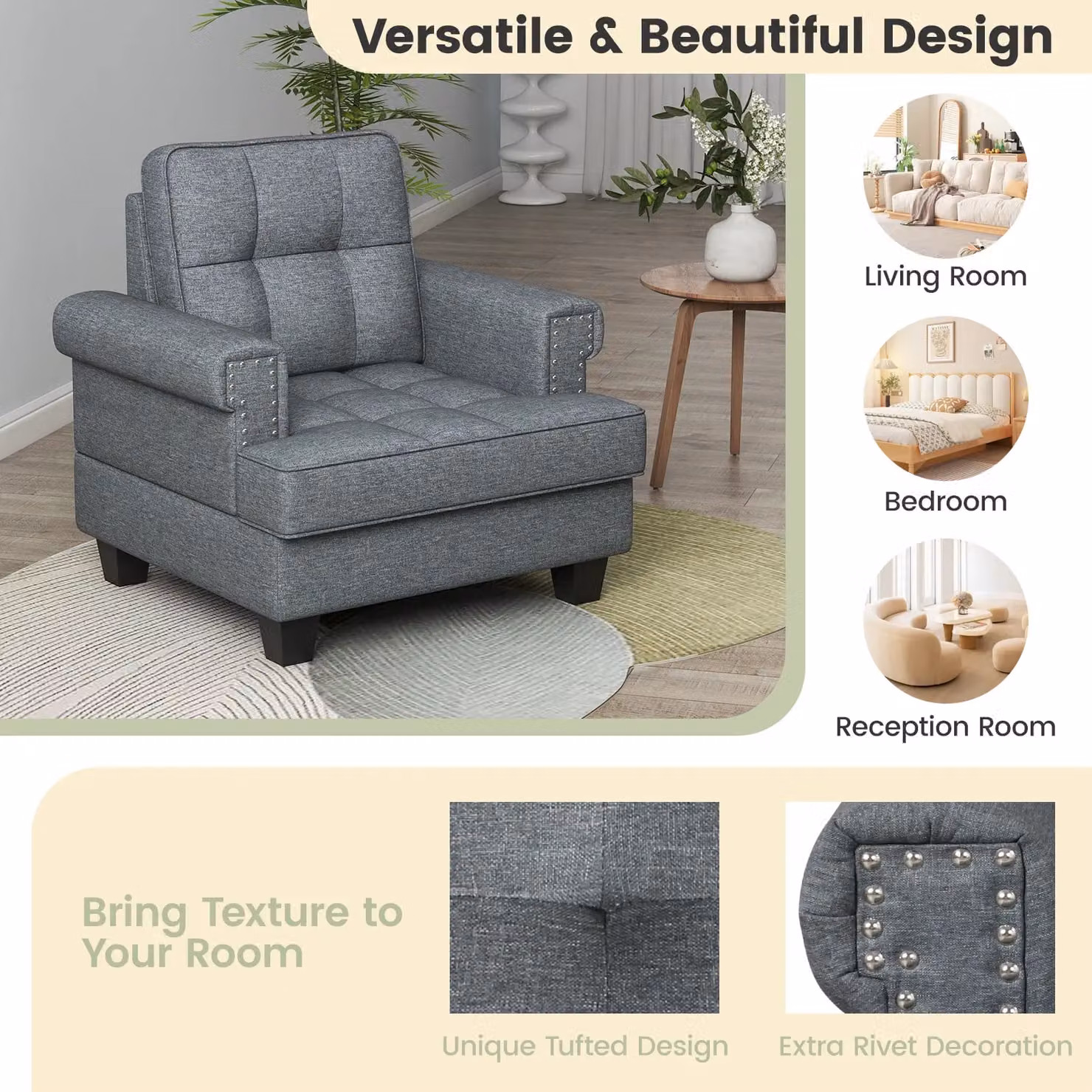 Costway Modern Tufted Accent Armchair in Grey Upholstered Linen with Solid Wood Frame – 4
