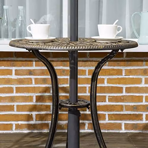 Outsunny 3 Piece Cast Aluminium Garden Bistro Set in Bronze with Parasol Hole – 7