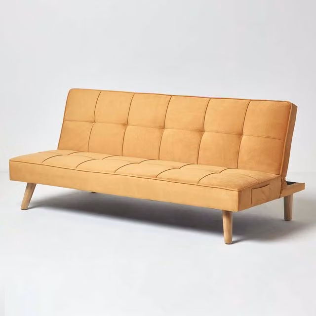 Homescapes Bower Velvet Click Clack 3 Seater Sofa Bed in Gold/Yellow, W: 175 cm, H: 83 cm, D: 175 cm