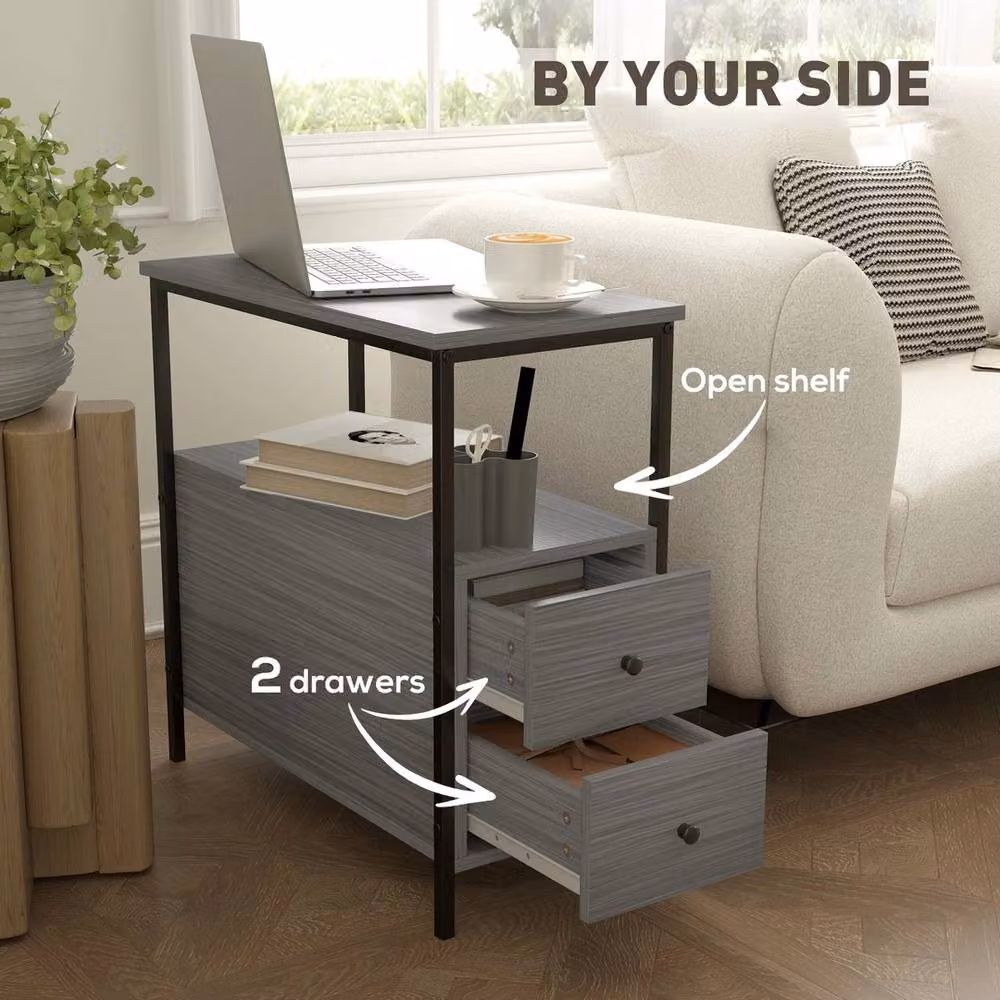 NESTLUNE Narrow Grey Metal End Table and Sofa Side Table – 5