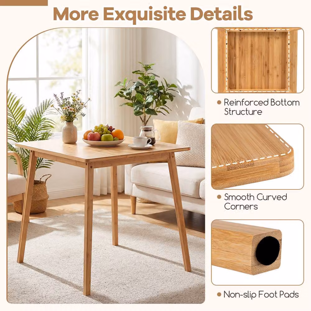 Gymax Square Bamboo Dining Table in Natural Wood for 2-4 People – 3