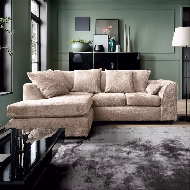 Abakus Direct Harriet Left Facing Corner Sofa in Beige Crushed Chenille with Scatter Cushions