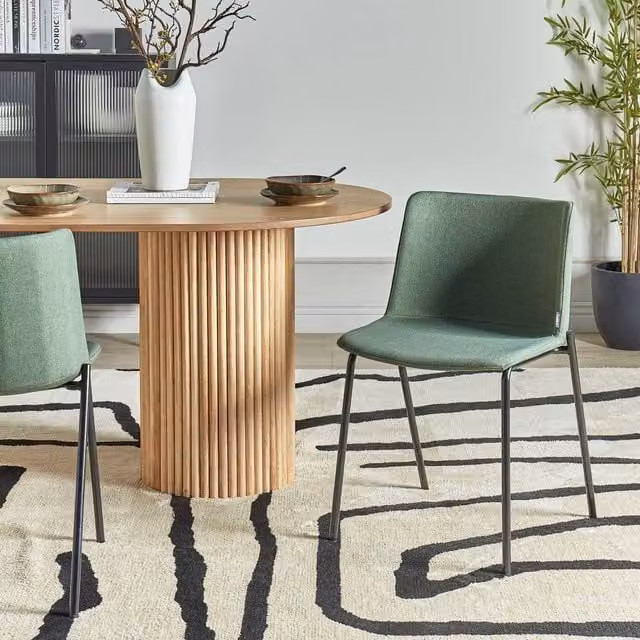 Wyld and Coco Set of 2 Green Fabric Upholstered Modern Dining Chairs with Metal Legs