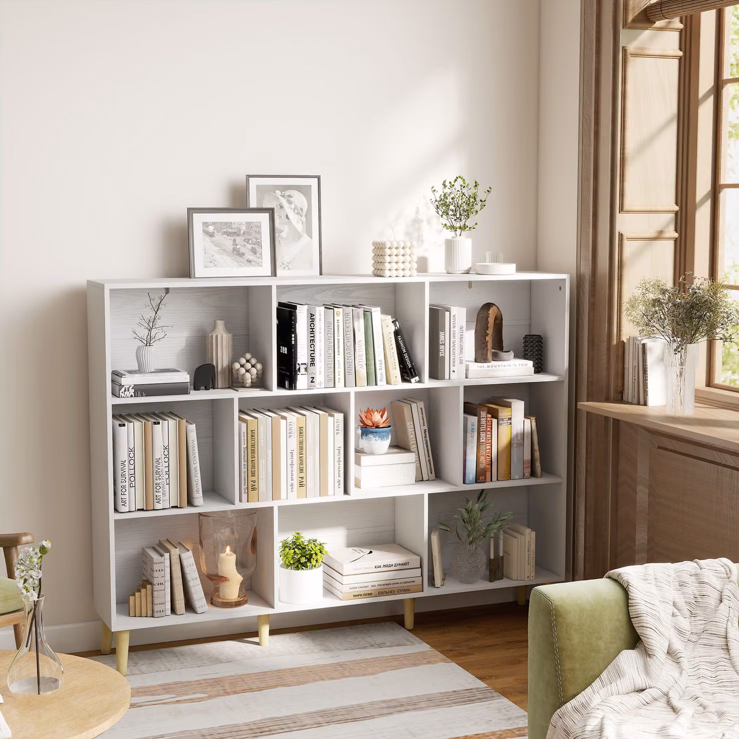 HOMCOM 10-Cube Modern 3-Tier Bookcase with Solid Wood Legs in White – 3