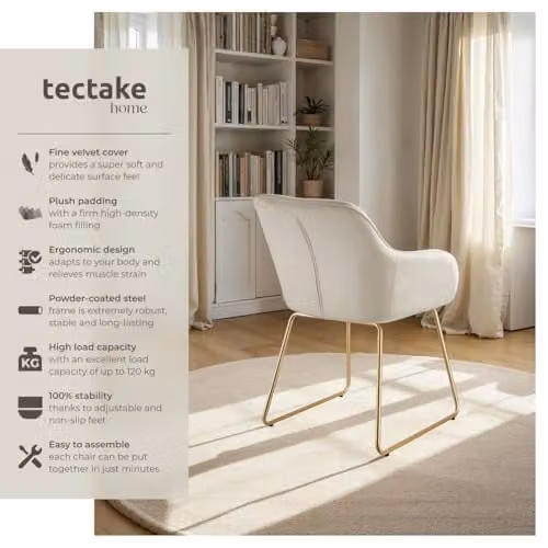 tectake Jeane Set of 4 Dining Chairs with Velvet Look Covers and Gold Metal Frames in Cream – 2