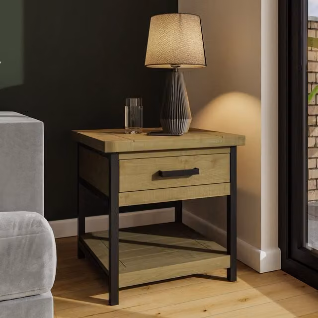 FWStyle Industrial 1 Drawer Storage Side Table in Lacquered Driftwood Pine, Grey and Brown