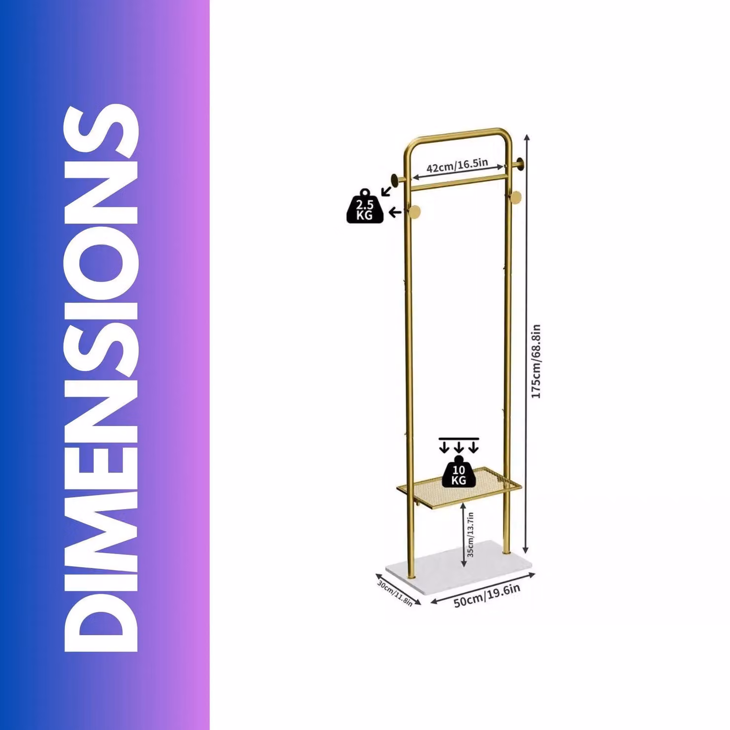 FURNOS Metal Double Coat Stand with 4 Hooks and Hanging Rail in Gold – 2