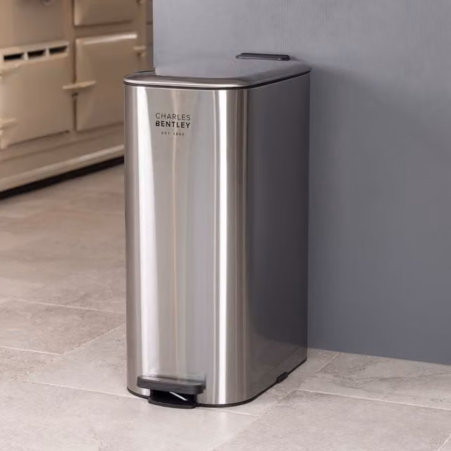 Charles Bentley 30L Slimline Rectangular Kitchen Pedal Bin with Soft Close and Removable Inner Bucket in Silver Stainless Steel – 1