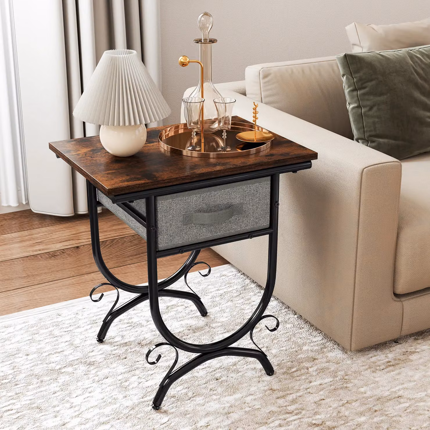 Gymax Industrial 2-Tier Bedside Table with Fabric Drawer in Brown – 8