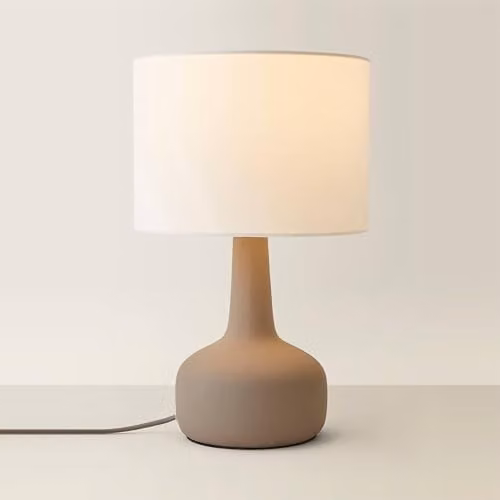 ValueLights Hayley Ceramic Stoneware Table Lamp with Natural Linen Drum Shade in Grey and Beige – 1