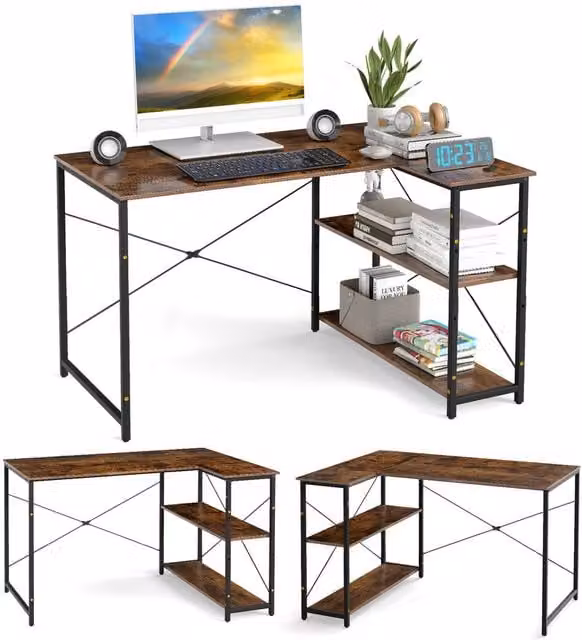 Gymax L-shaped Reversible Corner Computer Desk with Adjustable Shelf in Brown