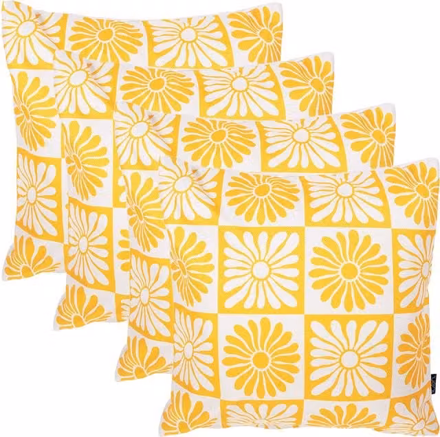 ICON 4 Pack Kyoto Fabric Summer Flower Square Cushions, Yellow, W/D/H: 43 x 43 x 43 cm