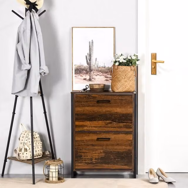 HOMCOM Industrial Narrow Shoe Storage Cabinet in Brown with Tilting Compartments