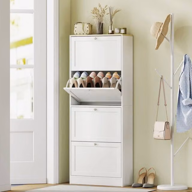 HOMCOM Narrow White Shoe Cabinet with 4 Tilting Compartments for 24 Pairs of Shoes
