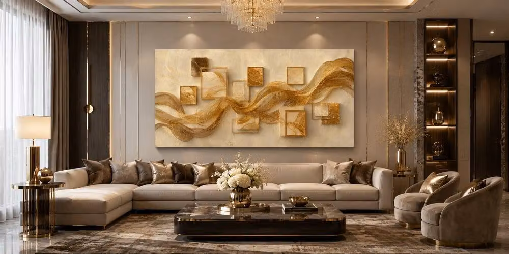 Mafett Gold Wave Abstract Modern Canvas Wall Art, W: 200 cm, H: 100 cm – 3