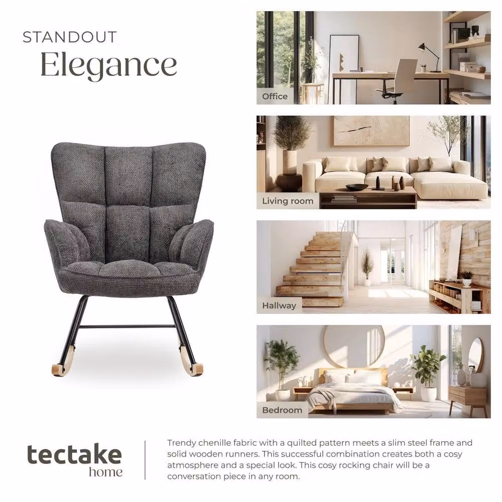 tectake Torve Rocking Chair with Plush Quilted Padding and Wooden Runners in Dark Grey – 7