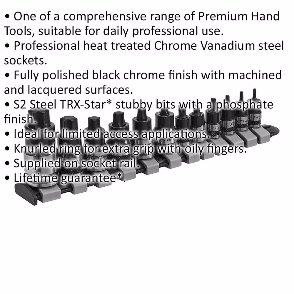 Loops 12pc TRX Star STUBBY Socket Bit Set in Multicolour Chrome Vanadium Steel with 1/4 inch, 3/8 inch and 1/2 inch Square Drive Short Shaft – 2