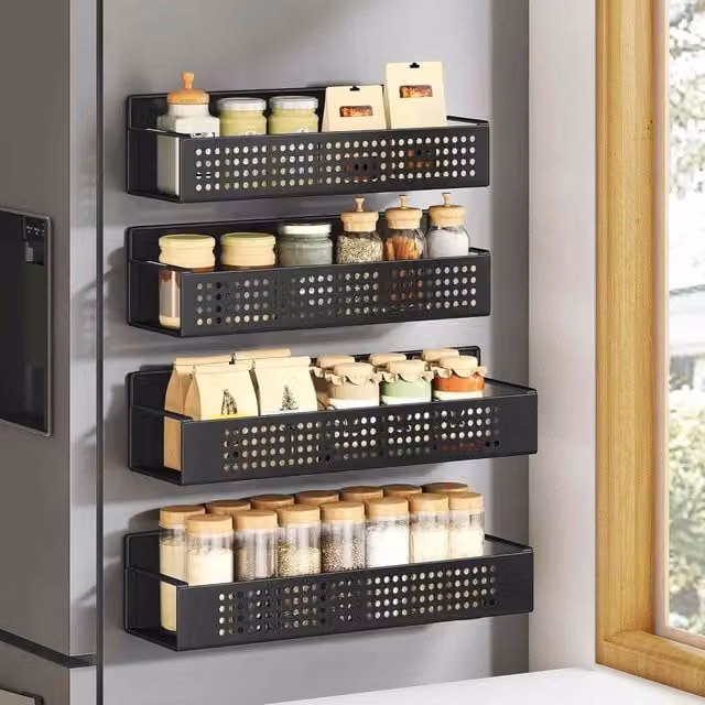 The Bazaarist Set of 4 Magnetic Metal Spice Racks for Fridge, Black