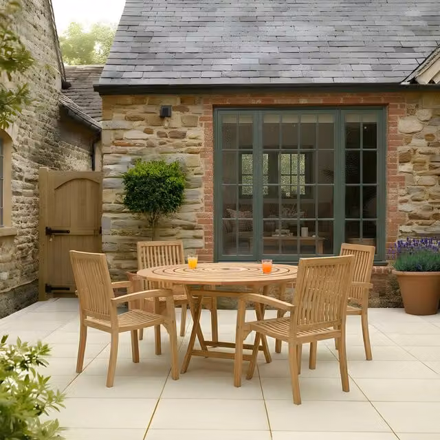 Charles Bentley Classic Round Teak Wood Garden Table in Natural Brown