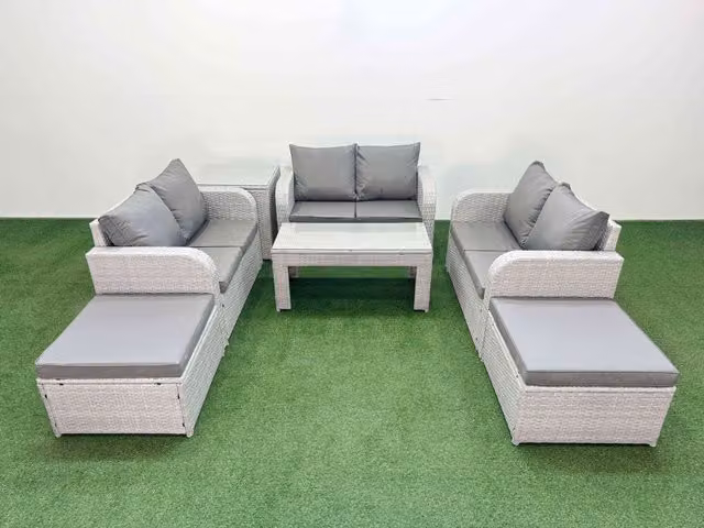 Fimous 8 Seater PE Wicker Rattan Garden Furniture Set in Light Grey with Oblong Coffee Table, 2 Seater Love Sofa, 2 Footstools and Side Table