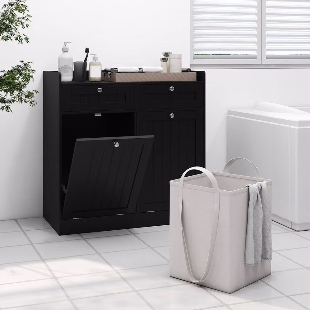 Costway Black Tilt-Out Laundry Hamper Cabinet and Bathroom Storage Unit with 2 Drawers – 5