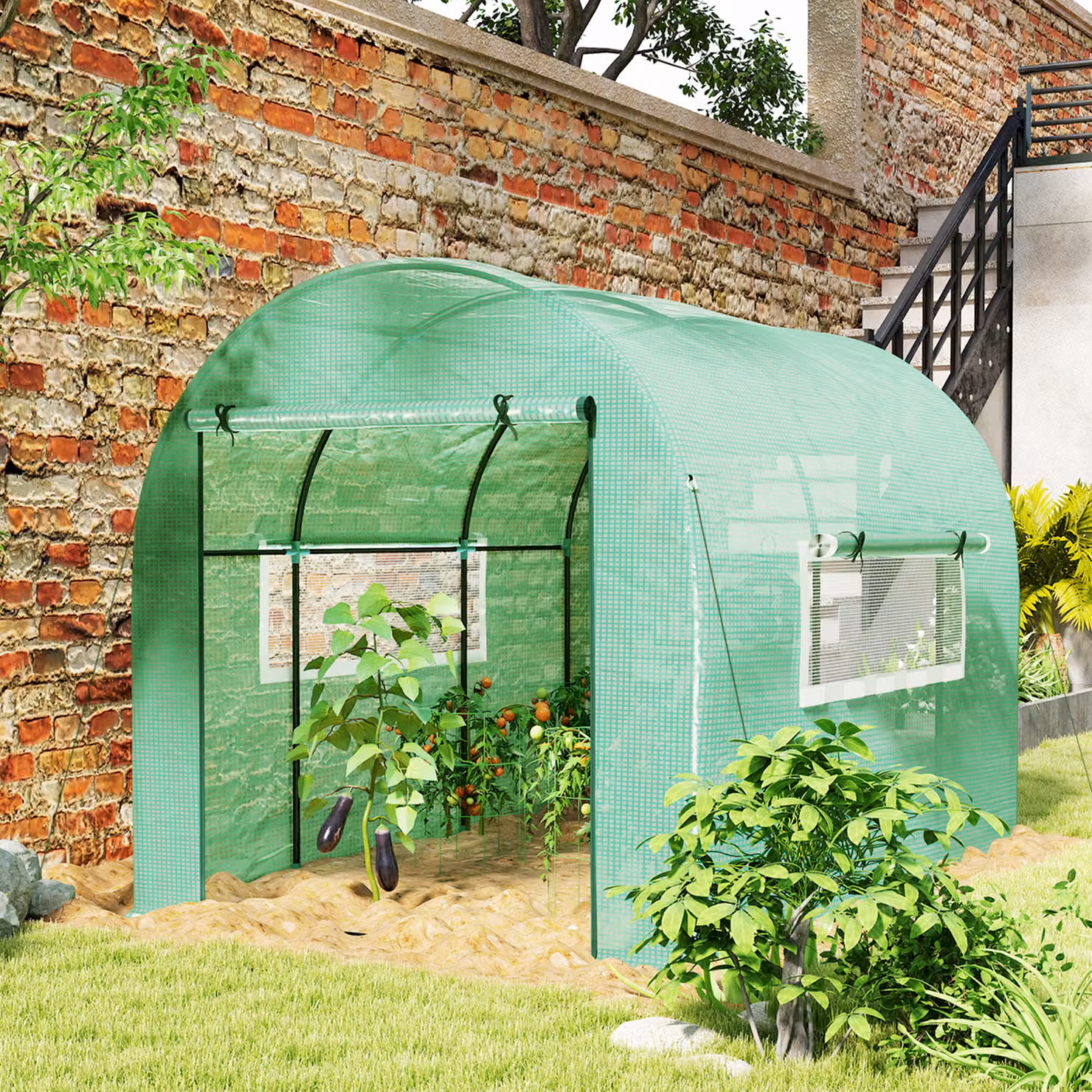 Outsunny Green Walk-In Polytunnel Greenhouse with Roller Window, W: 300 cm, D: 200 cm, H: 200 cm – 2