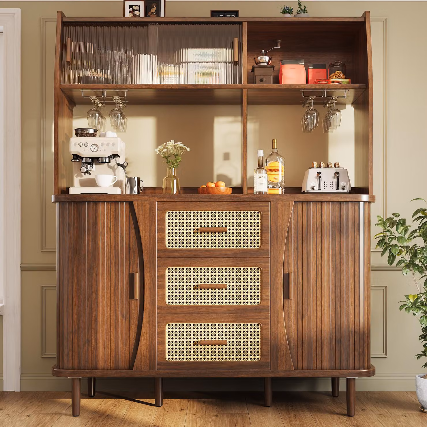 Aosom UK Rattan-Look Sideboard with Glass Sliding Doors and 3 Drawers, Walnut, W: 40.5 cm, H: 174.5 cm, D: 140 cm – 6