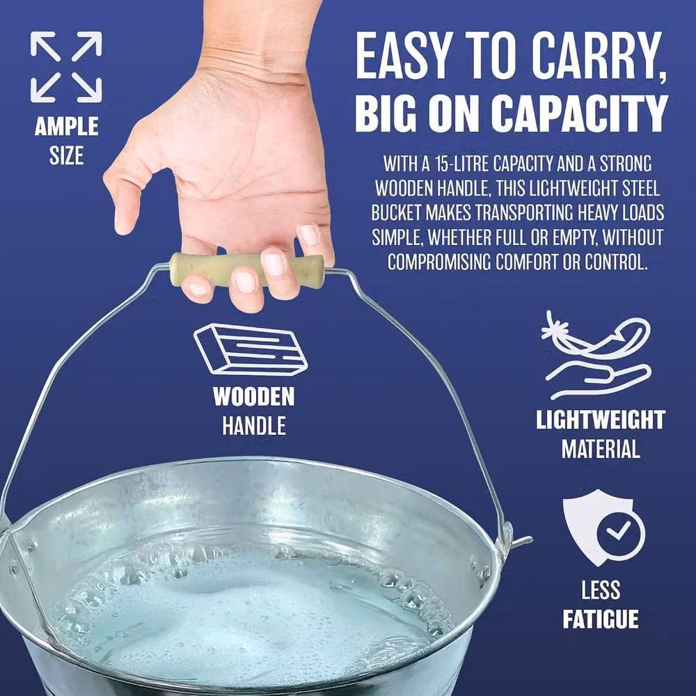 BARGAINS-GALORE Silver Galvanised Steel Multipurpose Bucket with Wooden Handle, 15l – 4