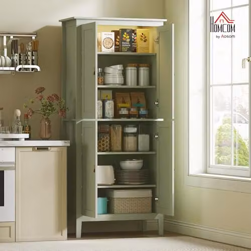 HOMCOM Tall Kitchen Cupboard Pantry with Motion Sensor LED Light, Green, H 176.5 x W 80 x D 40 cm – 2