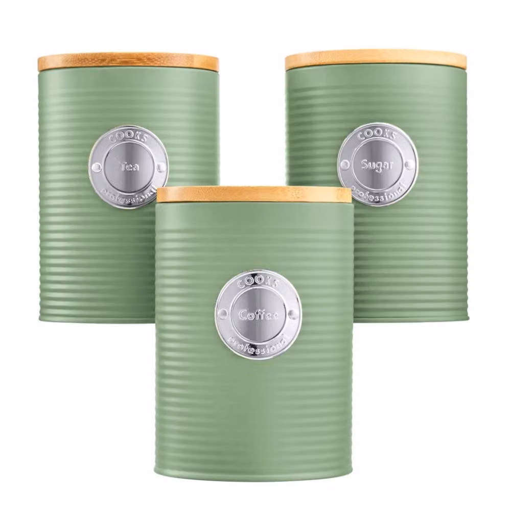 Cooks Professional 3 Piece Ribbed Airtight Kitchen Storage Canister Set in Green and Silver – 2